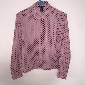 pink and black polka dot blouse
